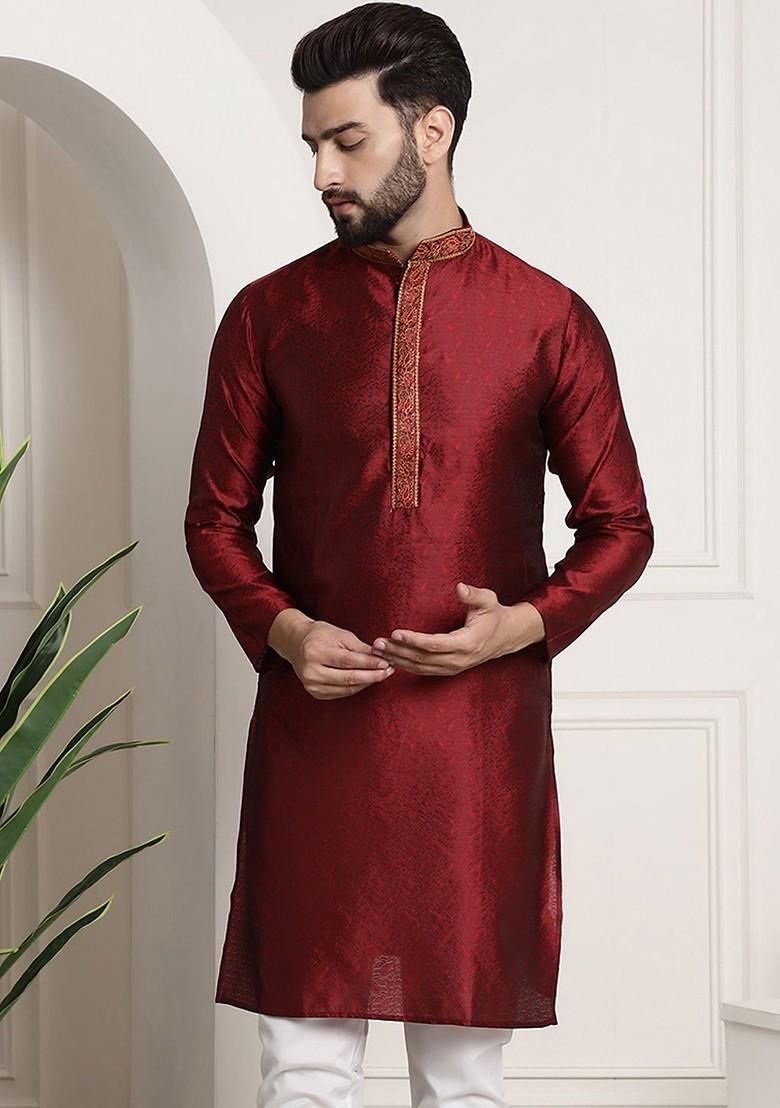 Red Embroidered Poly Blend Kurta For Men