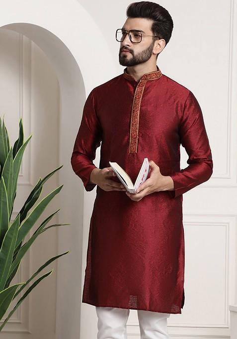 Red Embroidered Poly Blend Kurta For Men