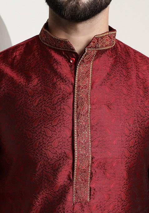 Red Embroidered Poly Blend Kurta For Men