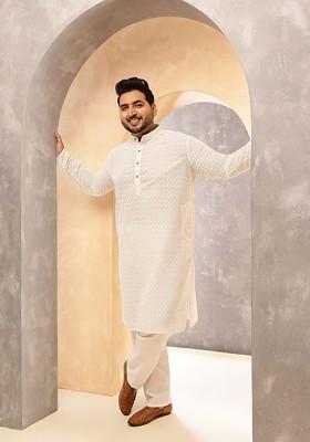 Cream Woven Cotton Kurta For Men