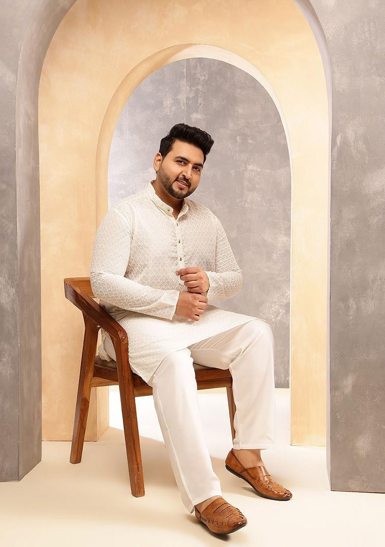Cream Woven Cotton Kurta For Men
