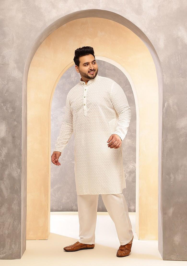 Cream Woven Cotton Kurta For Men