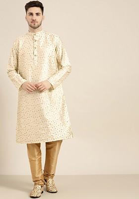 Beige Floral Print Poly Blend Kurta For Men