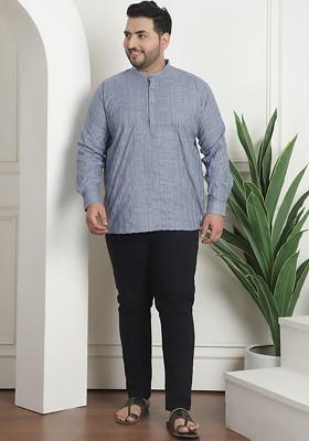 Grey Embroidered Cotton Kurta For Men