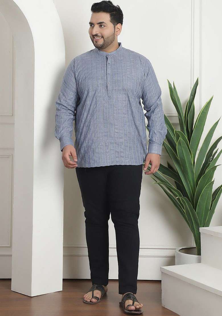 Grey Embroidered Cotton Kurta For Men - Indya