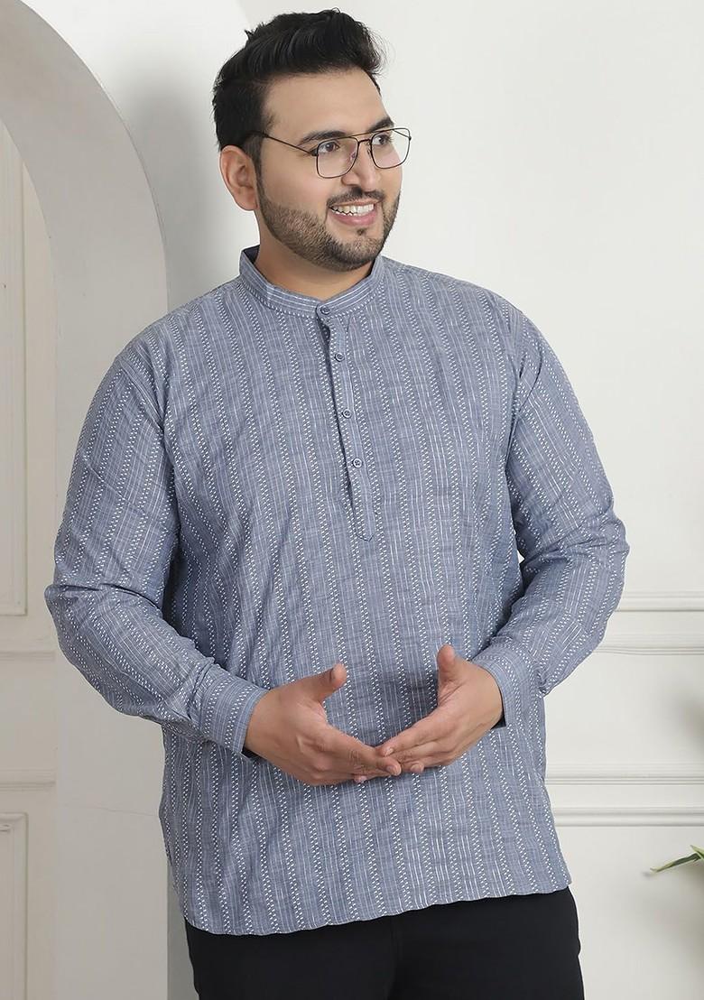 Grey Embroidered Cotton Kurta For Men