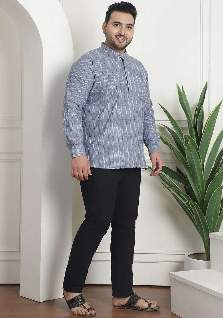 Grey Embroidered Cotton Kurta For Men - Indya
