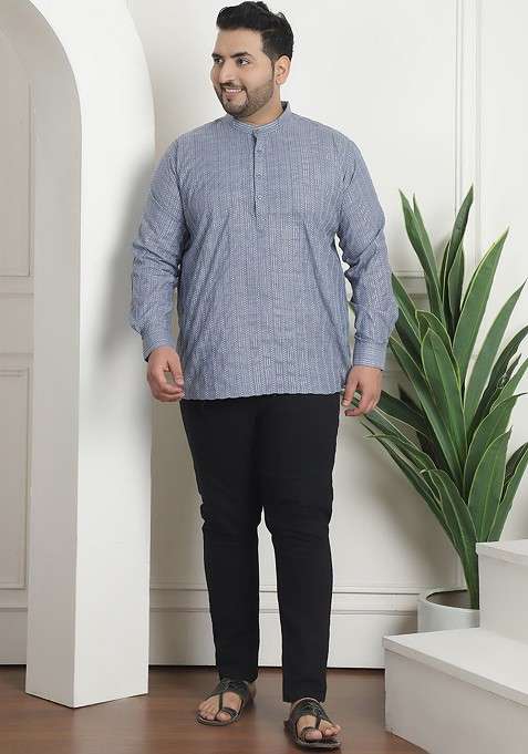Grey Embroidered Cotton Kurta For Men