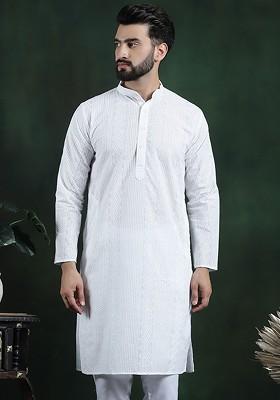 White Thread Work Cotton Kurta For Men