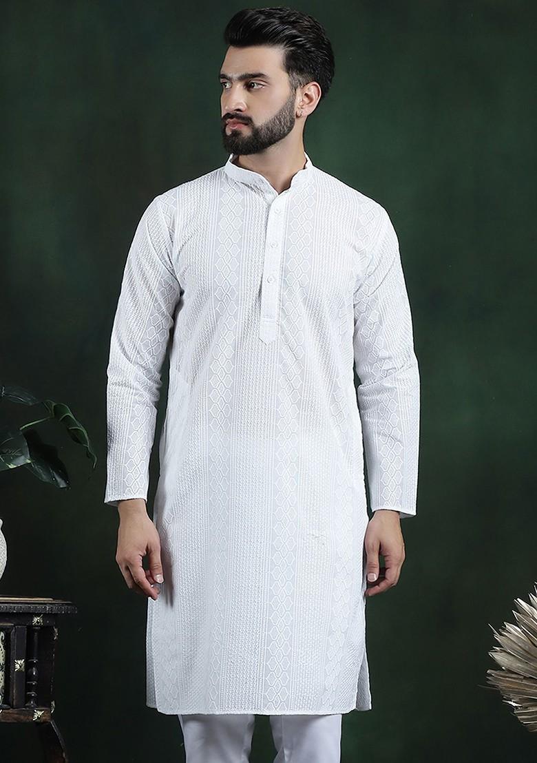 White Thread Work Cotton Kurta For Men