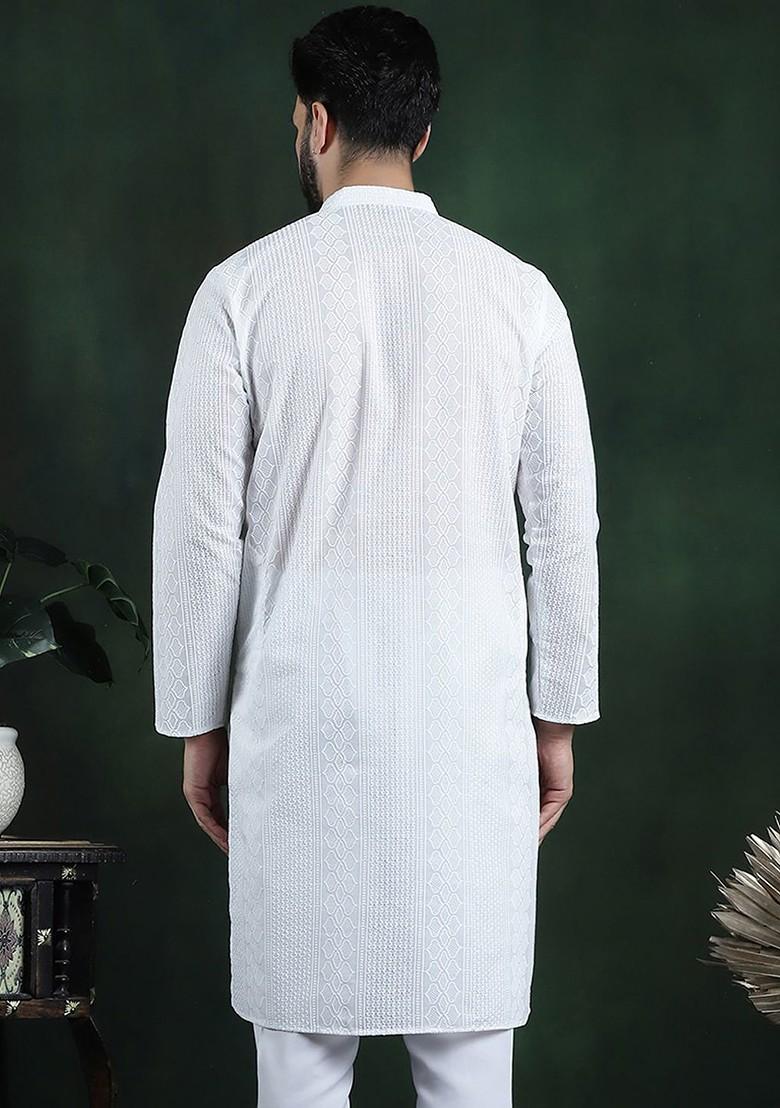 White Thread Work Cotton Kurta For Men