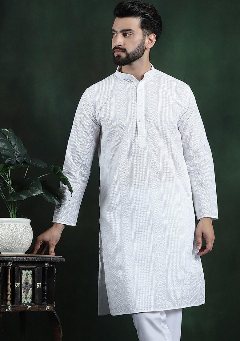 White Thread Work Cotton Kurta For Men