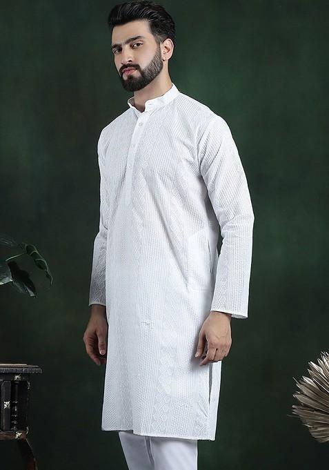 White Thread Work Cotton Kurta For Men