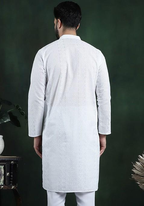 White Thread Work Cotton Kurta For Men