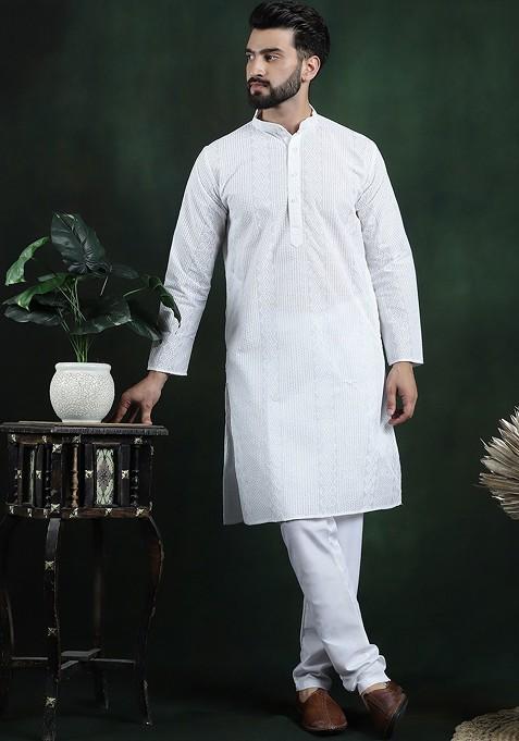 White Thread Work Cotton Kurta For Men