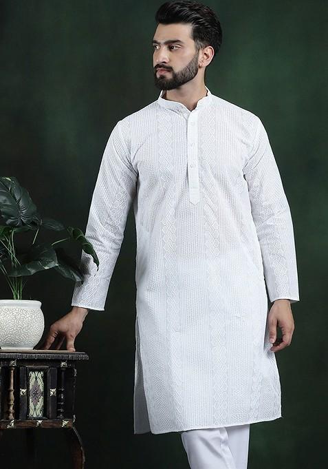 White Thread Work Cotton Kurta For Men