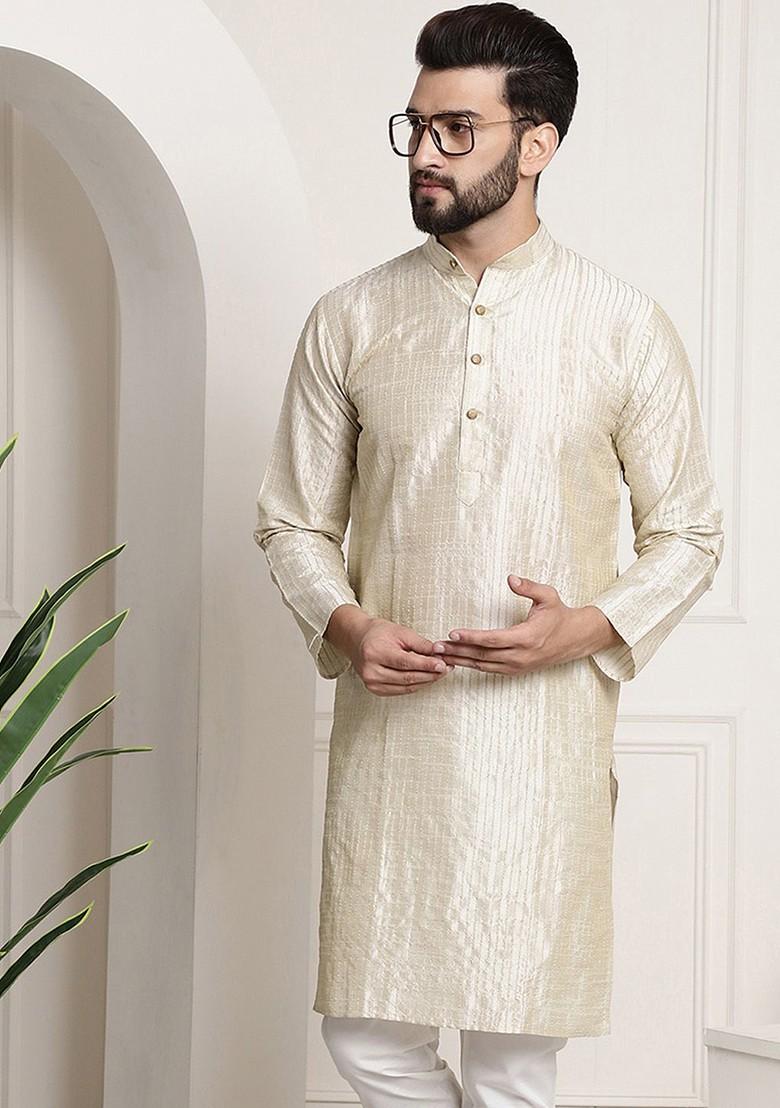 Cream Striped Poly Blend Kurta For Men