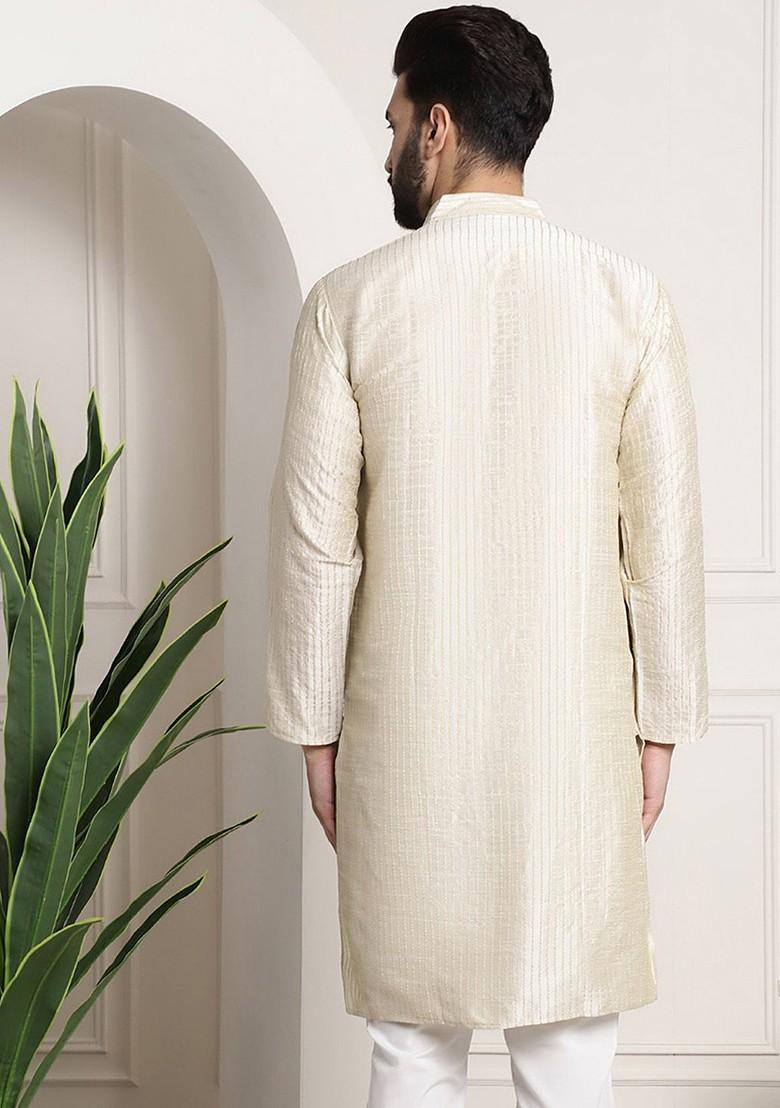 Cream Striped Poly Blend Kurta For Men