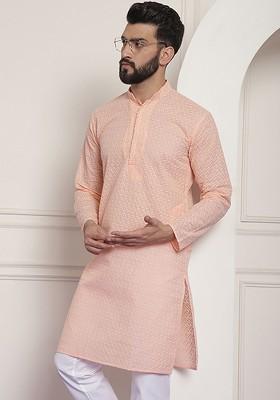 Peach Embroidered Cotton Kurta For Men