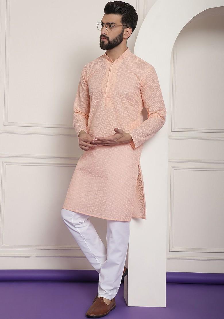 Peach Embroidered Cotton Kurta For Men