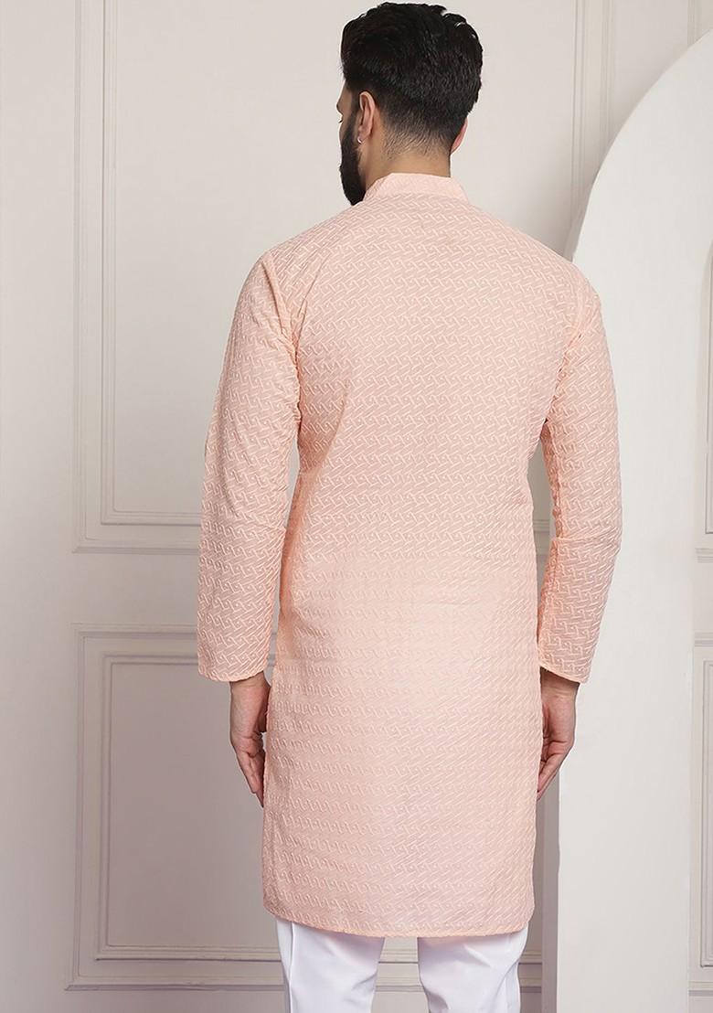 Peach Embroidered Cotton Kurta For Men