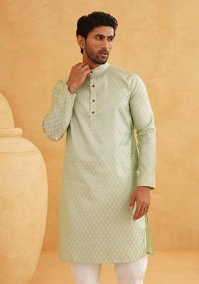 Green Solid Jacquard Kurta For Men