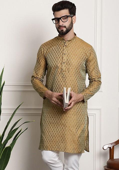 Gold Woven Jacquard Kurta For Men