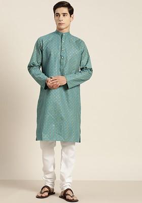 Teal Blue Ethnic Motifs Cotton Kurta For Men