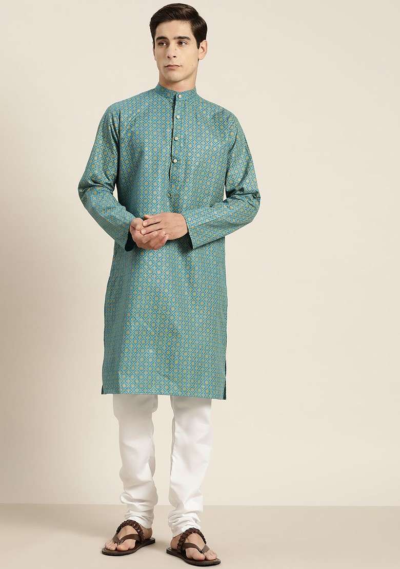 Teal Blue Ethnic Motifs Cotton Kurta For Men - Indya