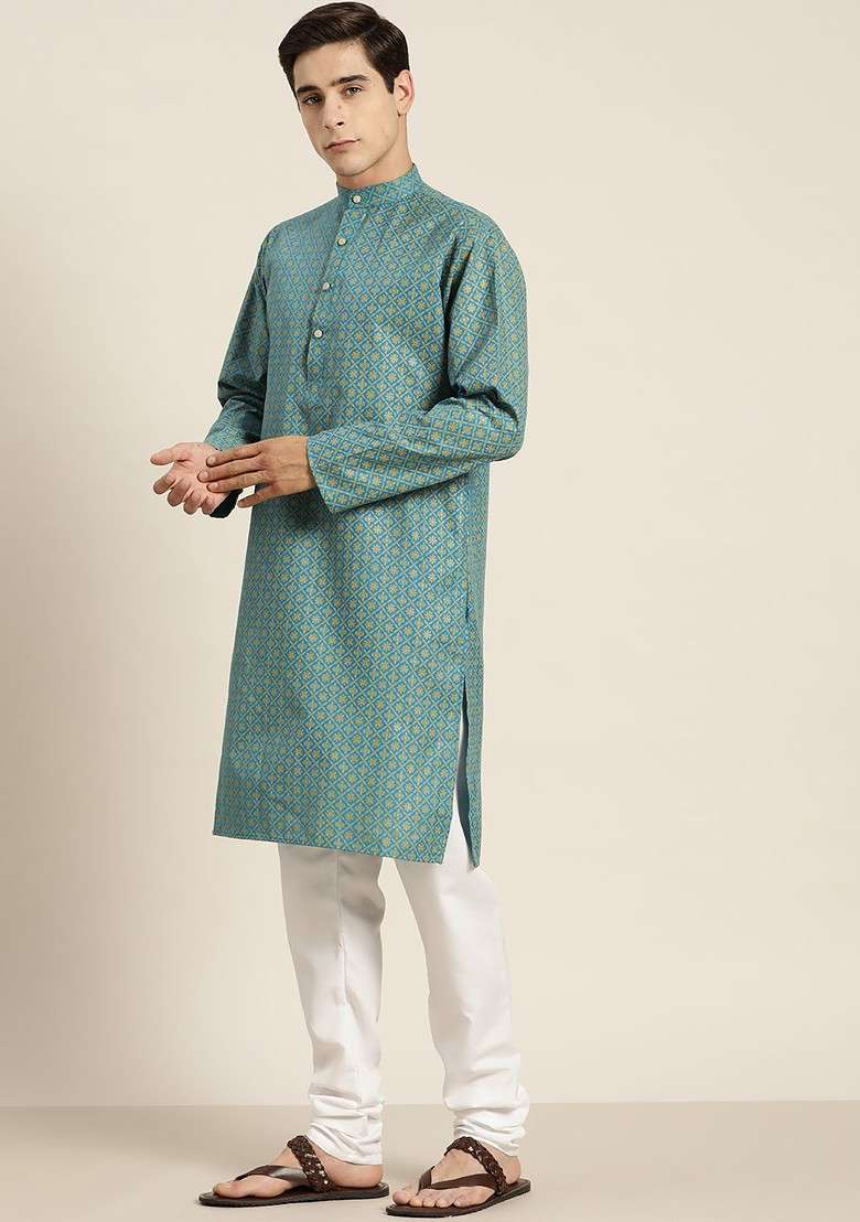 Teal Blue Ethnic Motifs Cotton Kurta For Men - Indya