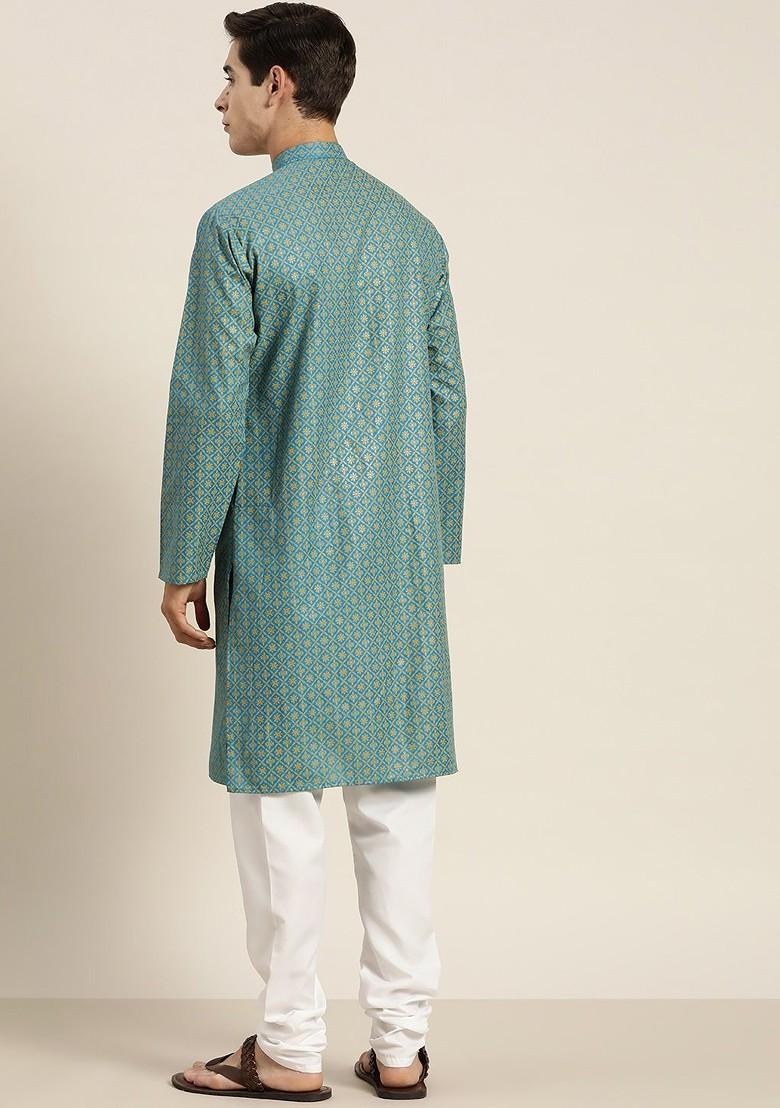Teal Blue Ethnic Motifs Cotton Kurta For Men