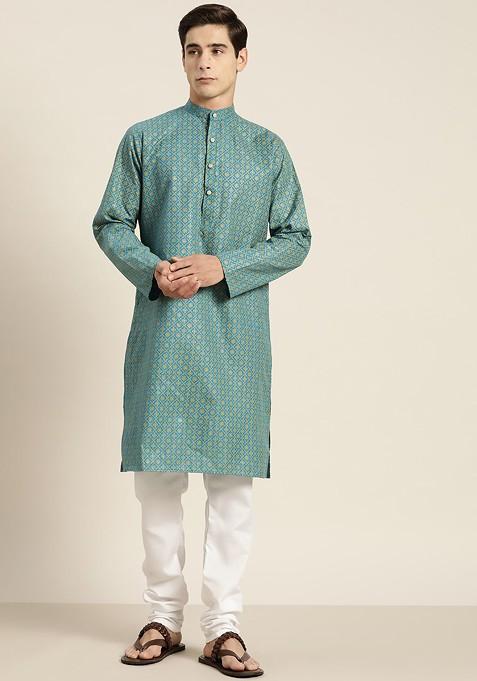 Teal Blue Ethnic Motifs Cotton Kurta For Men — view on Indya
