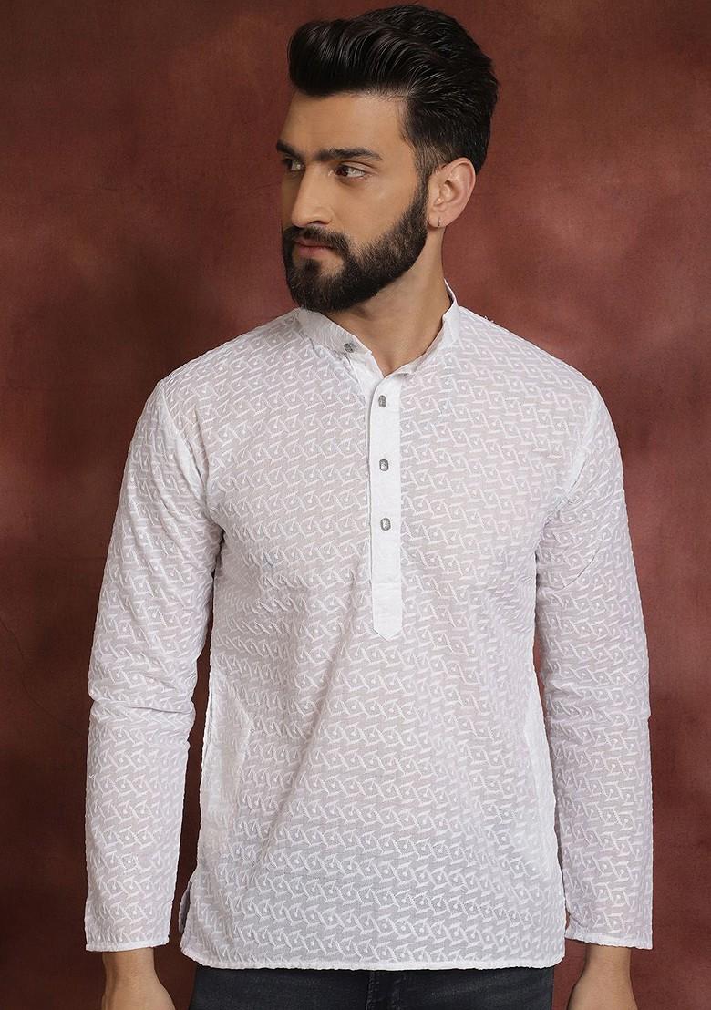 White Floral Print Cotton Kurta For Men