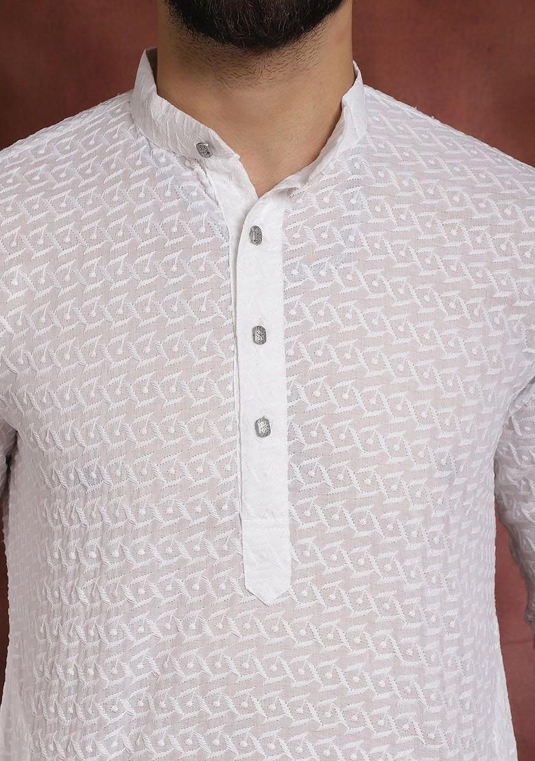 White Floral Print Cotton Kurta For Men