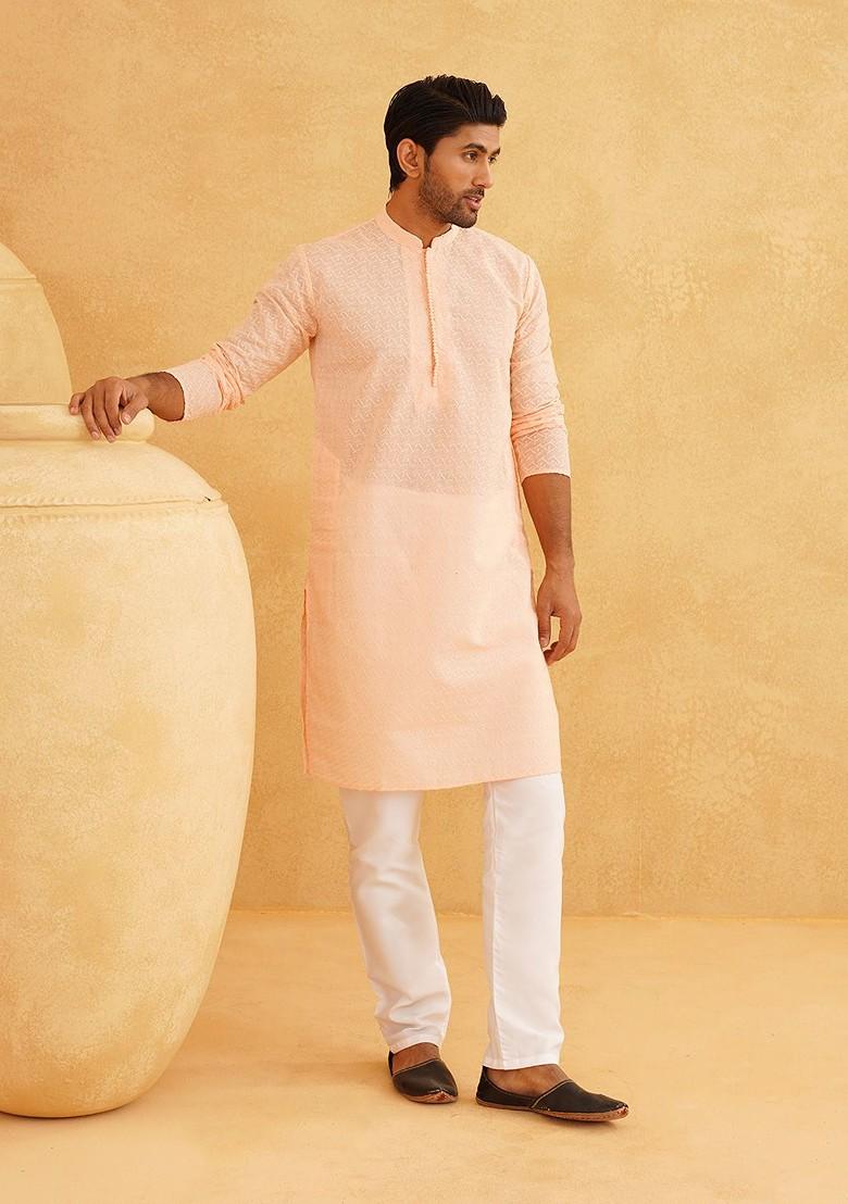 Peach Embroidered Cotton Kurta For Men