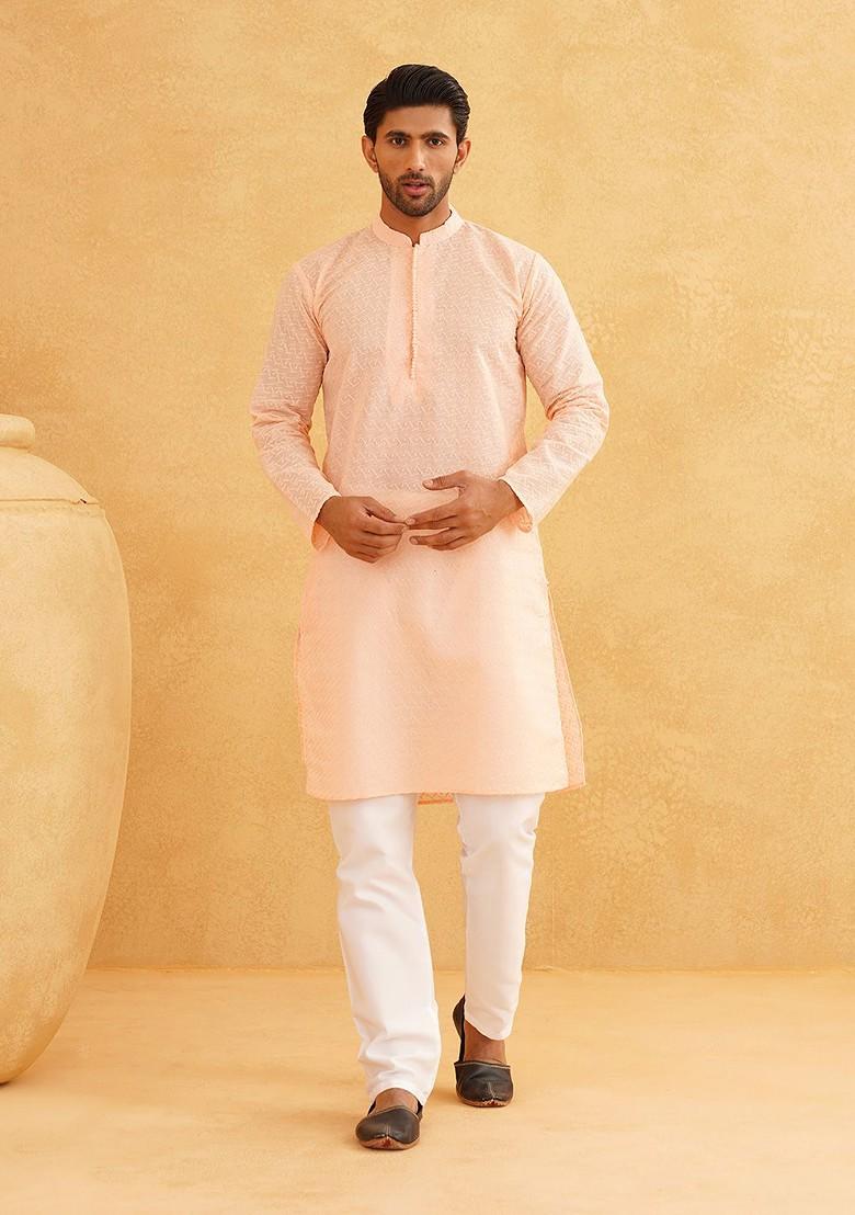 Peach Embroidered Cotton Kurta For Men