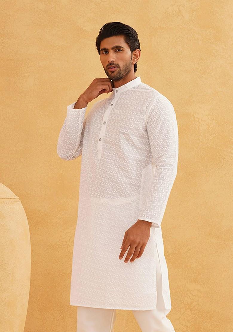 White Thread Work Cotton Kurta For Men
