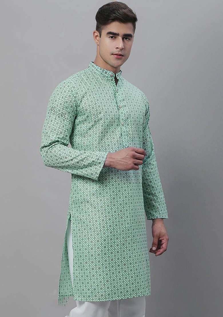 Sea Green Printed Cotton Kurta For Men - Indya