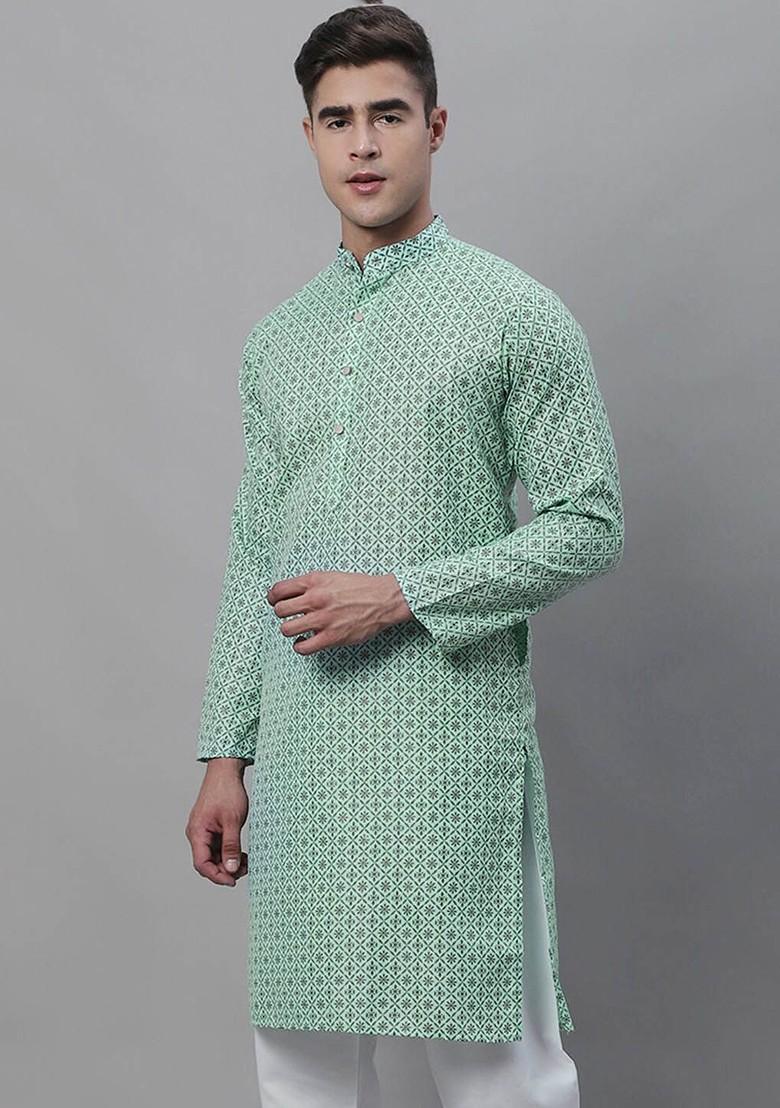 Sea Green Printed Cotton Kurta For Men