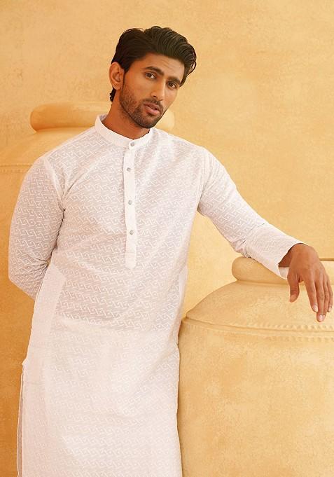White Mirror Work Poly Blend Kurta For Men — view on Indya