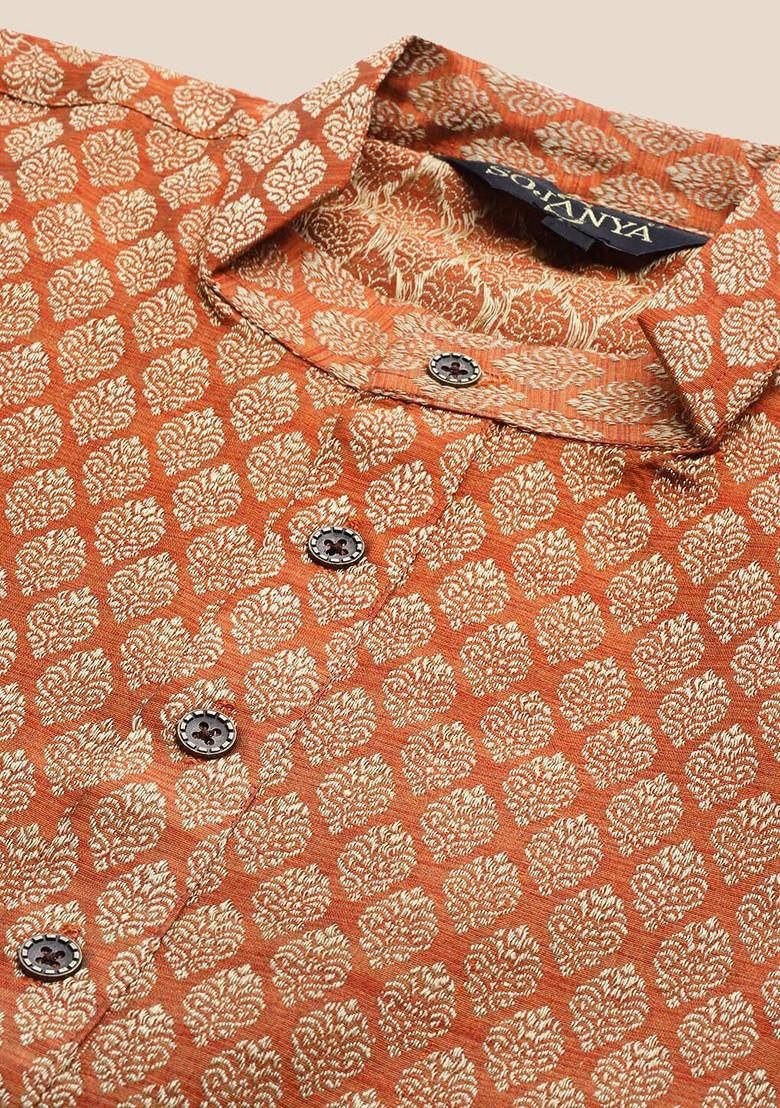Orange Woven Cotton Kurta For Men