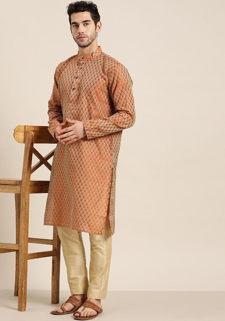 Orange Woven Cotton Kurta For Men