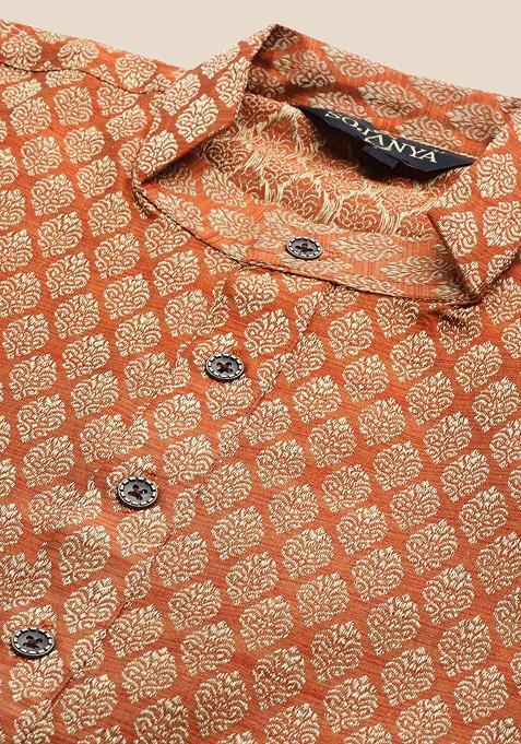 Orange Woven Cotton Kurta For Men