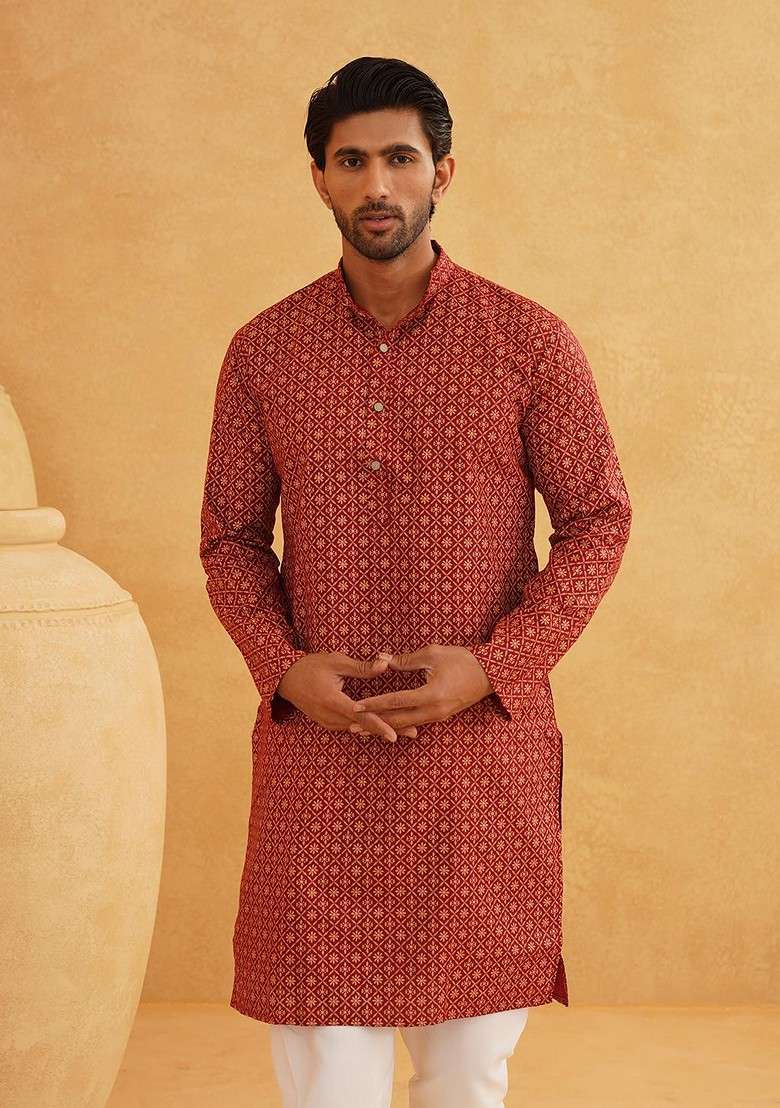 Maroon Printed Cotton Kurta For Men - Indya