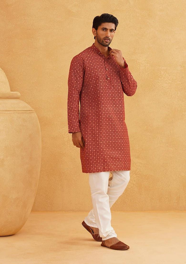 Maroon Printed Cotton Kurta For Men