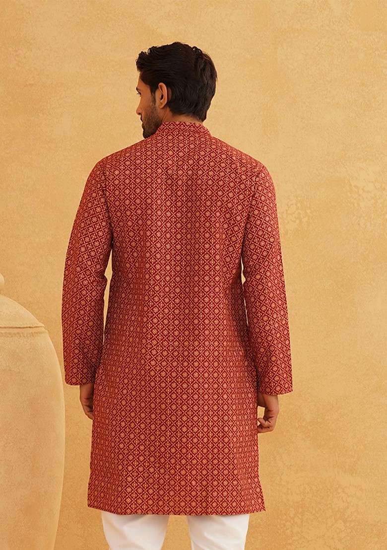 Maroon Printed Cotton Kurta For Men - Indya