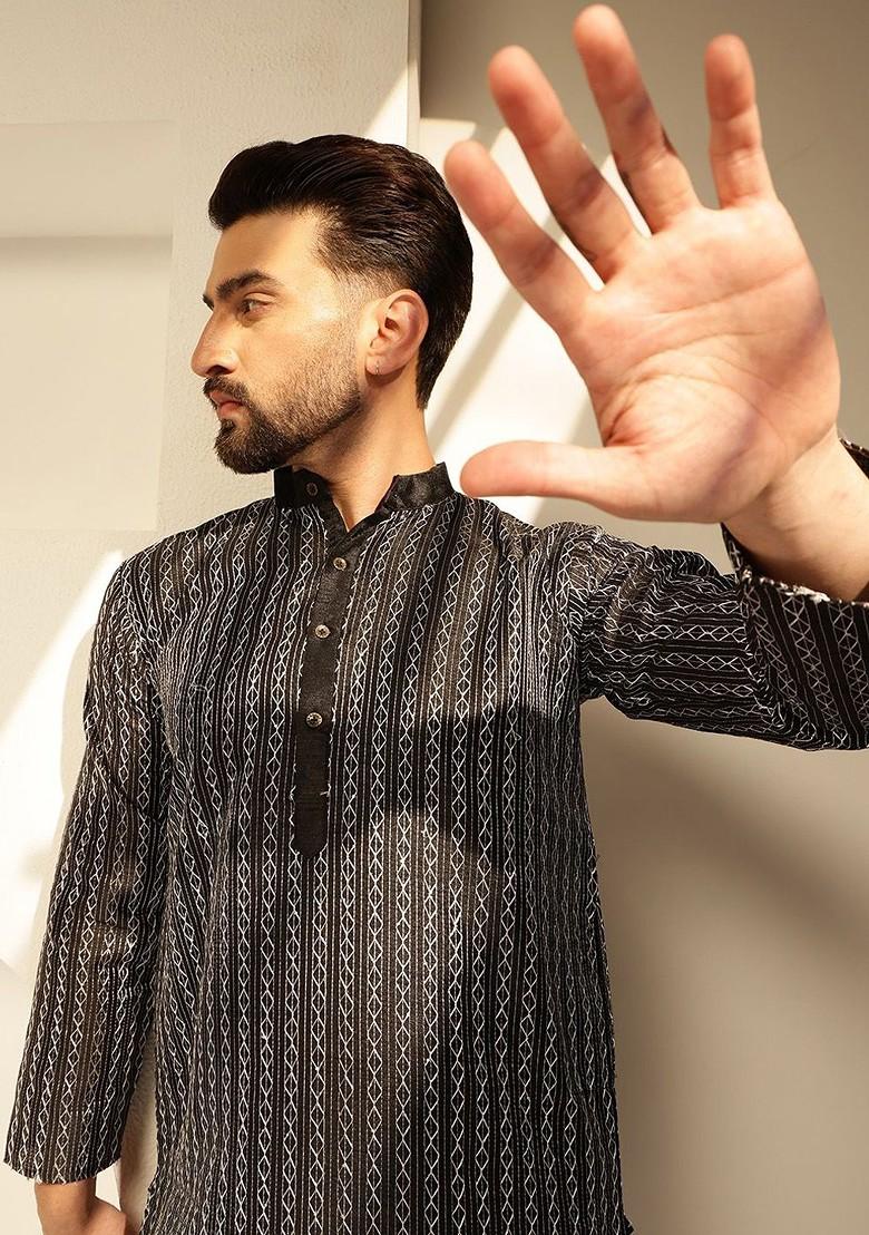 Black Thread Work Poly Blend Kurta For Men