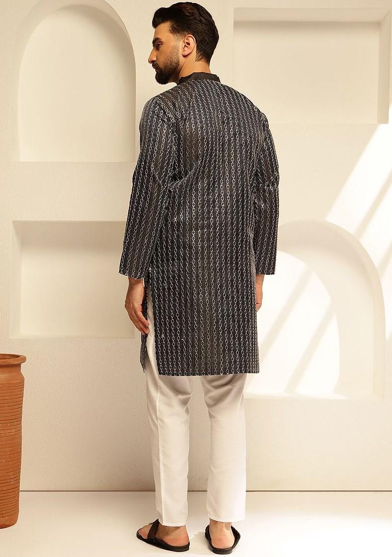 Black Thread Work Poly Blend Kurta For Men