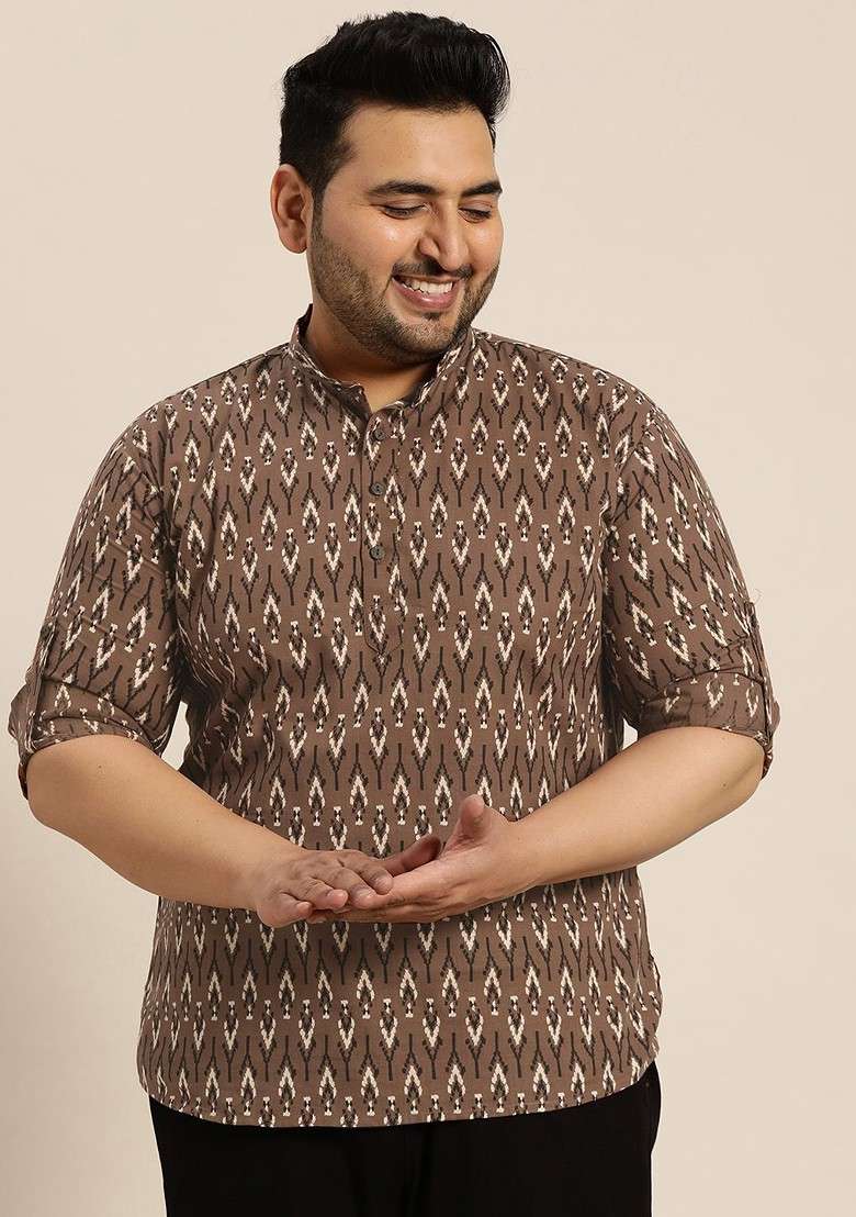 Brown Printed Cotton Kurta For Men - Indya