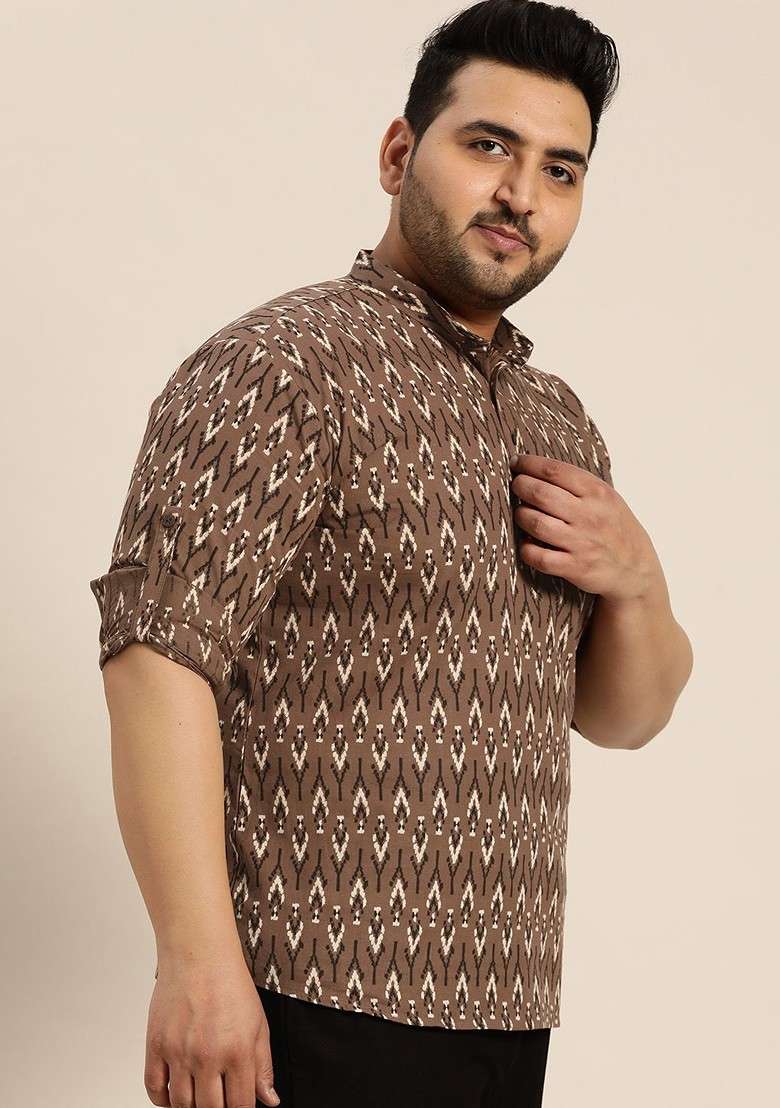 Brown Printed Cotton Kurta For Men - Indya